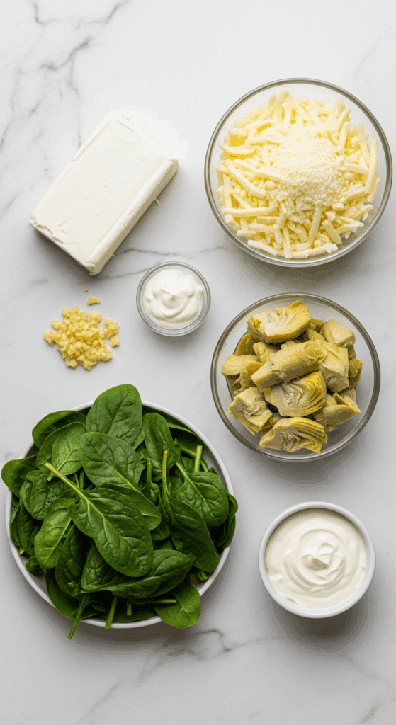 Overhead view of ingredients for spinach artichoke dip: cream cheese, shredded cheese, artichoke hearts, fresh spinach, garlic, and sour cream on a marble counter.