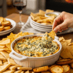 Hot spinach artichoke dip served on a coffee table surrounded by chips, pita, and bread, with a hand reaching to dip a chip in a cozy setting.