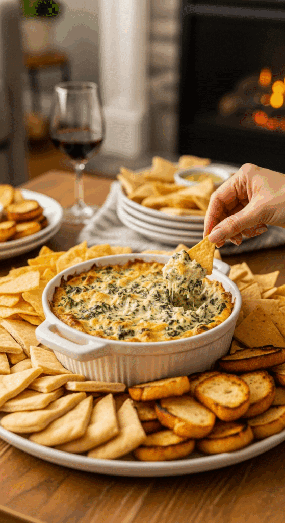 Hot spinach artichoke dip served on a coffee table surrounded by chips, pita, and bread, with a hand reaching to dip a chip in a cozy setting.