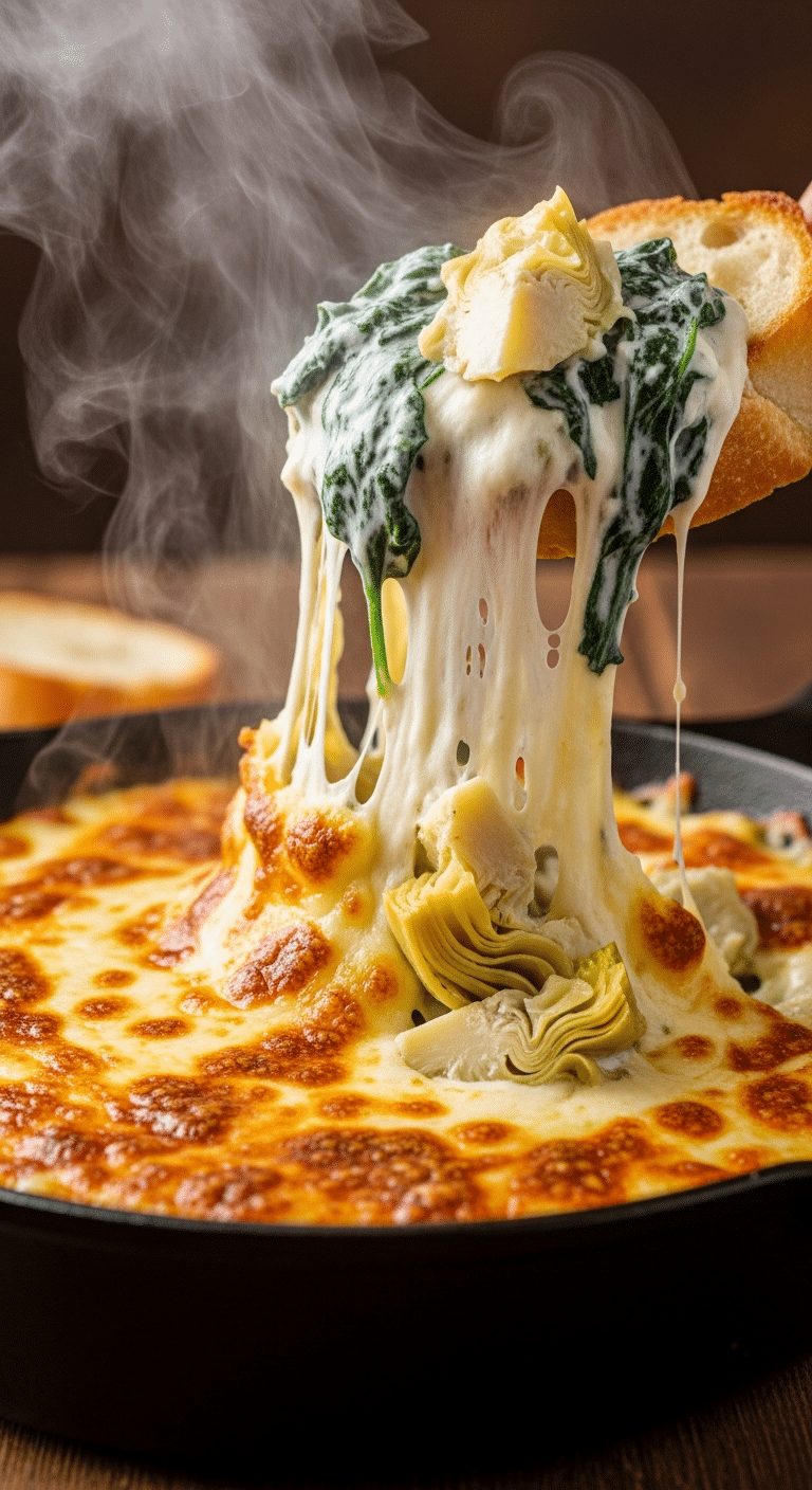 A close-up photograph of hot spinach artichoke dip in a skillet, with a piece of bread lifting a large, gooey cheese pull showing spinach and artichokes.