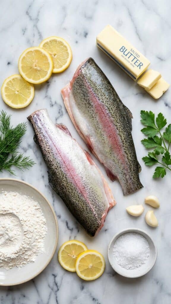 Overhead view of ingredients for cooking trout: fresh raw rainbow trout fillets, lemons, butter, herbs, and flour on a marble counter.