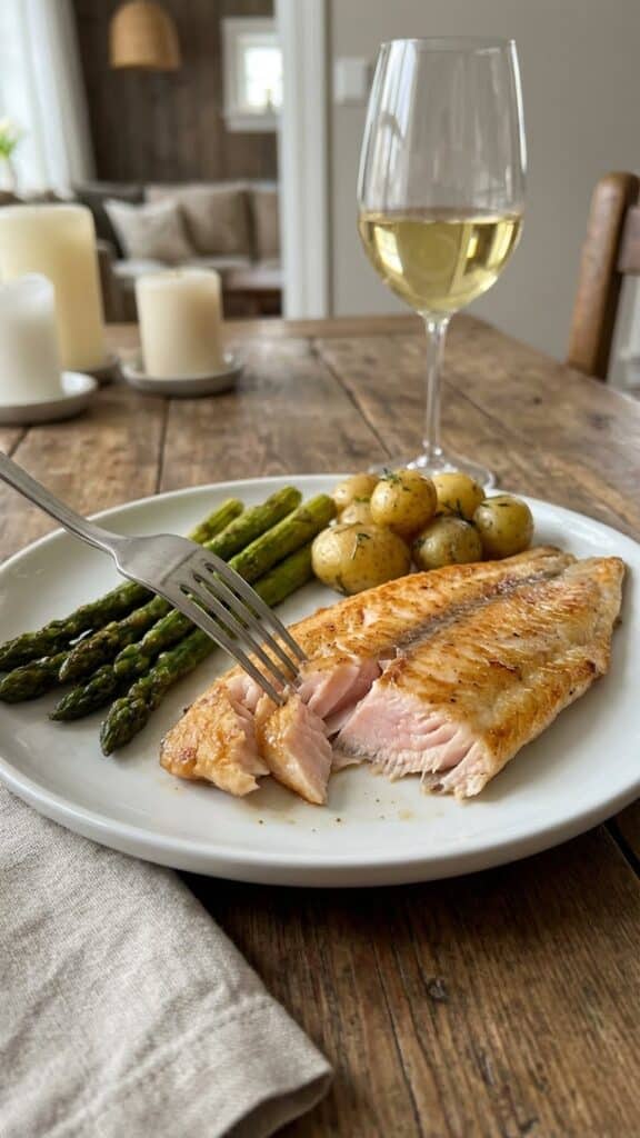 A plated trout fillet served with asparagus, with a fork flaking the tender meat, set in an elegant dinner atmosphere with white wine.