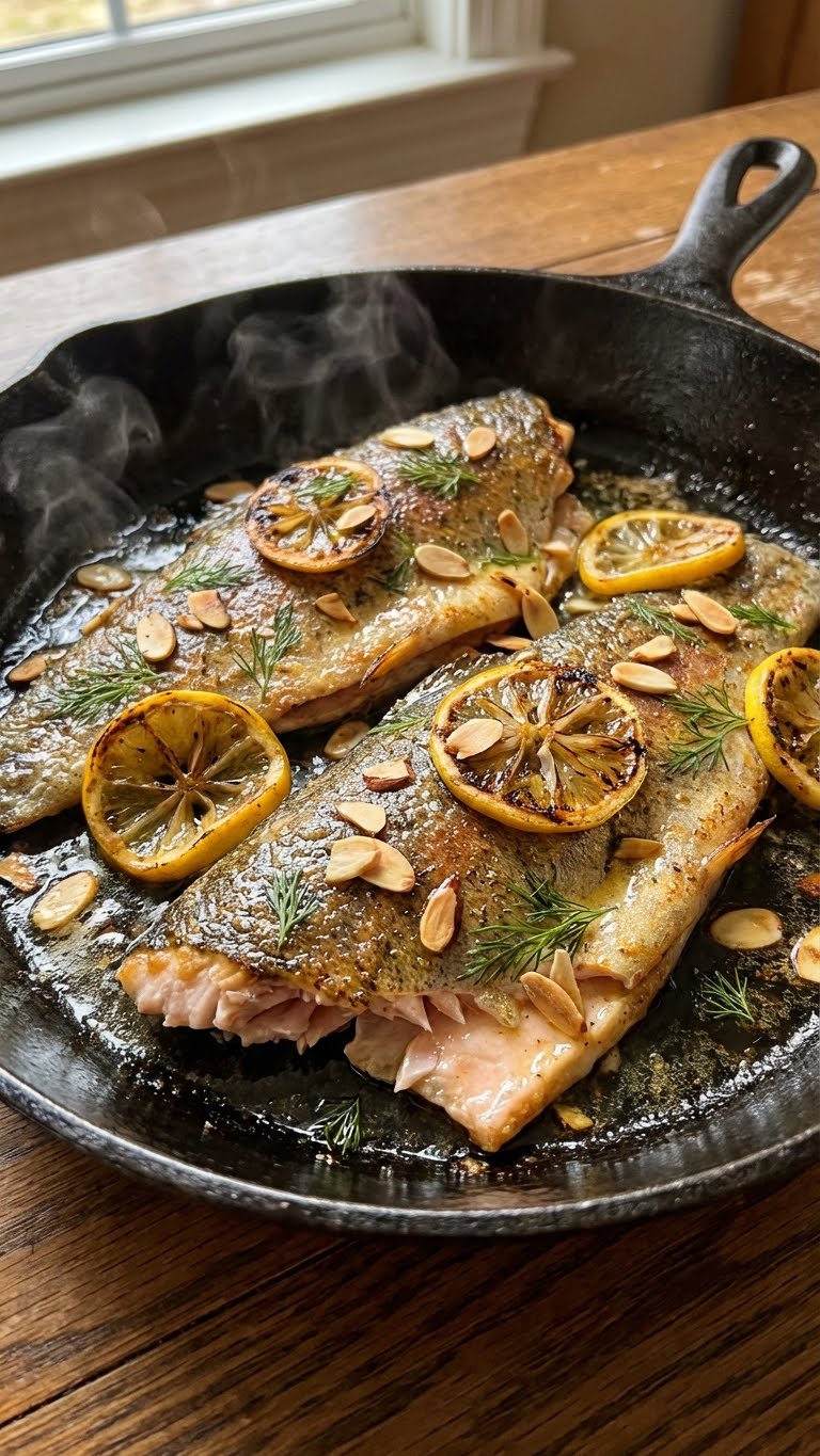 A close-up photograph of pan-seared rainbow trout fillets in a skillet, topped with toasted almonds, lemon, and dill, showing crispy skin.