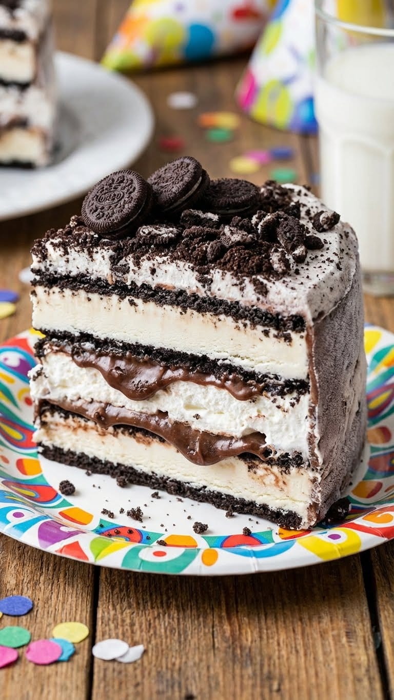 Slice of ice cream sandwich cake showing black and white stripes.