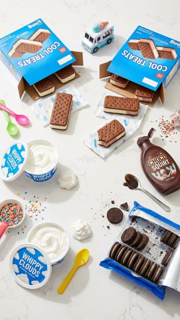 Flat lay of ingredients for ice cream cake including boxes of sandwiches and Cool Whip.