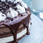 Close-up of fudge and cookie topping on an ice cream cake.
