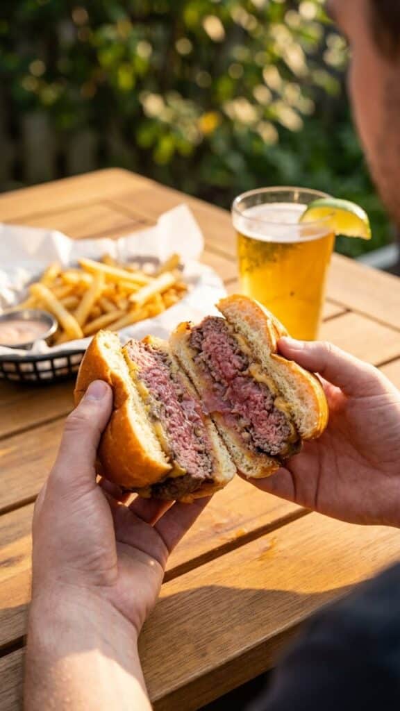 A person holding a halved cheeseburger showing a juicy medium-well interior.