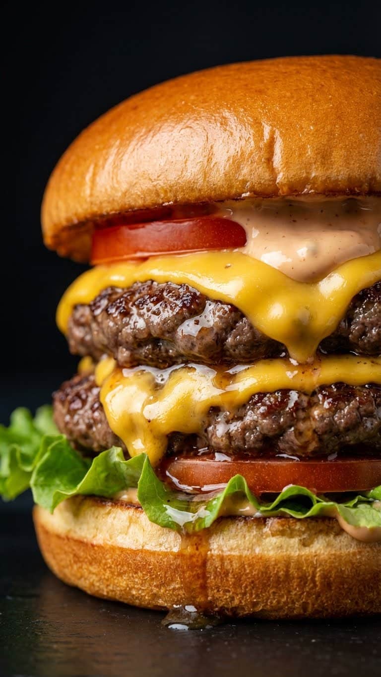 A close-up of a juicy cheeseburger with melting cheese and juice dripping down the side.