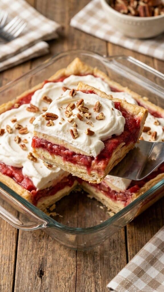 Overhead shot of a 9x13 pan of rhubarb layered dessert with a serving being removed.