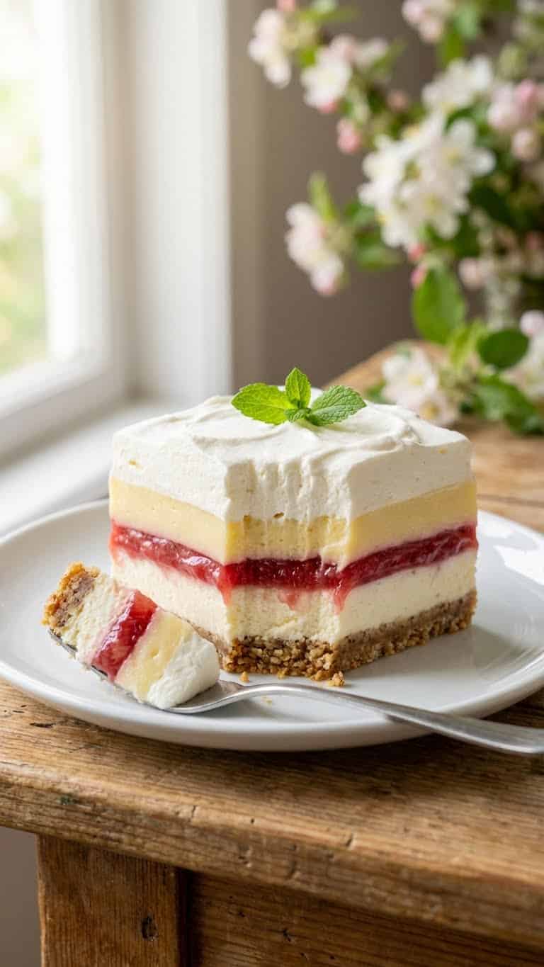 A slice of layered rhubarb dessert showing crust, cheesecake, fruit, pudding, and whipped layers.