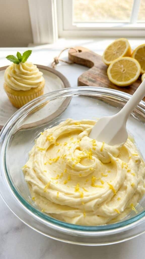 Close-up of an offset spatula spreading thick, creamy lemon frosting onto a yellow cake layer, showing lemon zest specks.