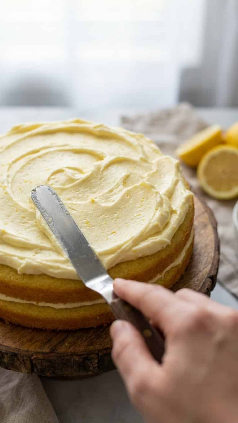 A glass bowl filled with fluffy Lemon Cream Cheese Frosting topped with fresh zest, next to a frosted cupcake.