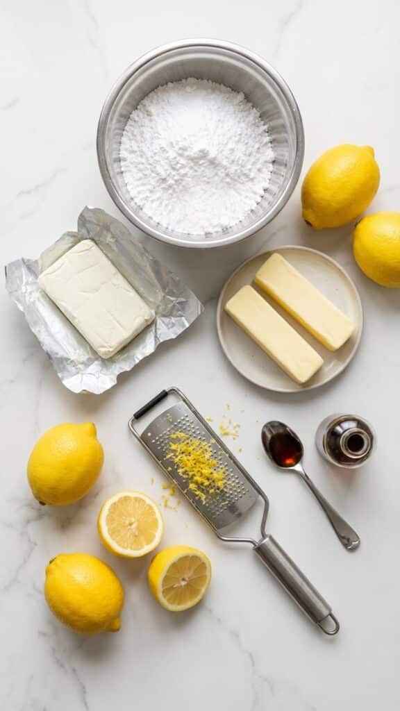 Overhead flat lay of frosting ingredients including fresh lemons, cream cheese block, butter, and powdered sugar on marble.