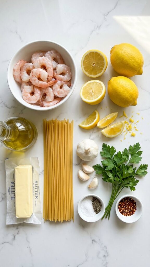 Overhead flat lay of ingredients for shrimp pasta: raw shrimp, linguine, fresh lemons, garlic, parsley, butter, and olive oil.