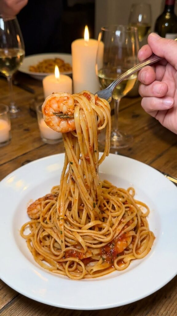 A close-up POV shot of a fork twirling linguine and a shrimp, coated in lemon garlic sauce.