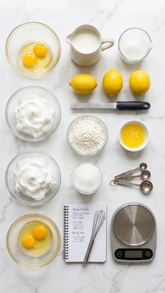An organized overhead shot. Highlighting the Separated Eggs (yolks vs whites) is the visual cue for the technique used in this recipe.