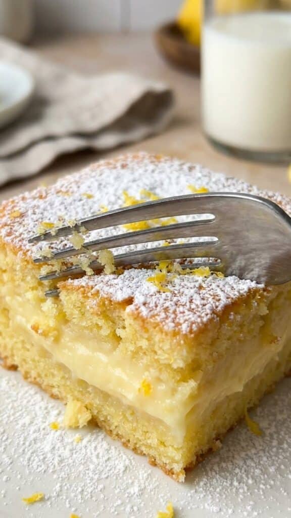 Close-up of a fork cutting into the soft custard layer of a lemon cake.