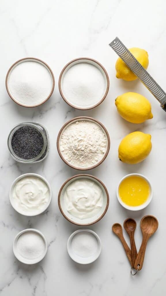 Flat lay of ingredients for lemon muffins including fresh lemons and poppy seeds.