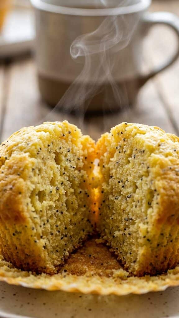 Close-up of the inside of a lemon poppy seed muffin showing the moist crumb.