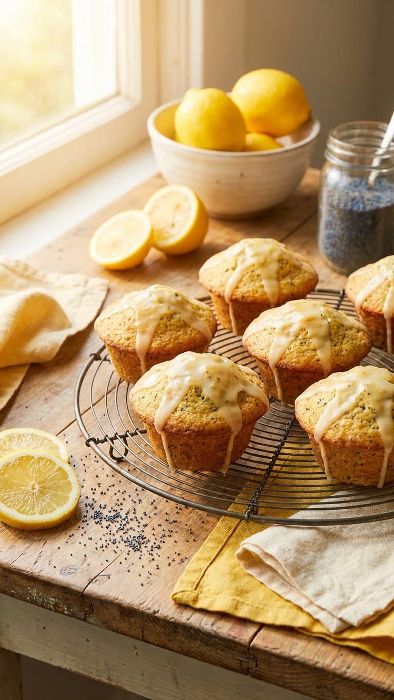 Bakery-style lemon poppy seed muffin with glaze dripping down the side.