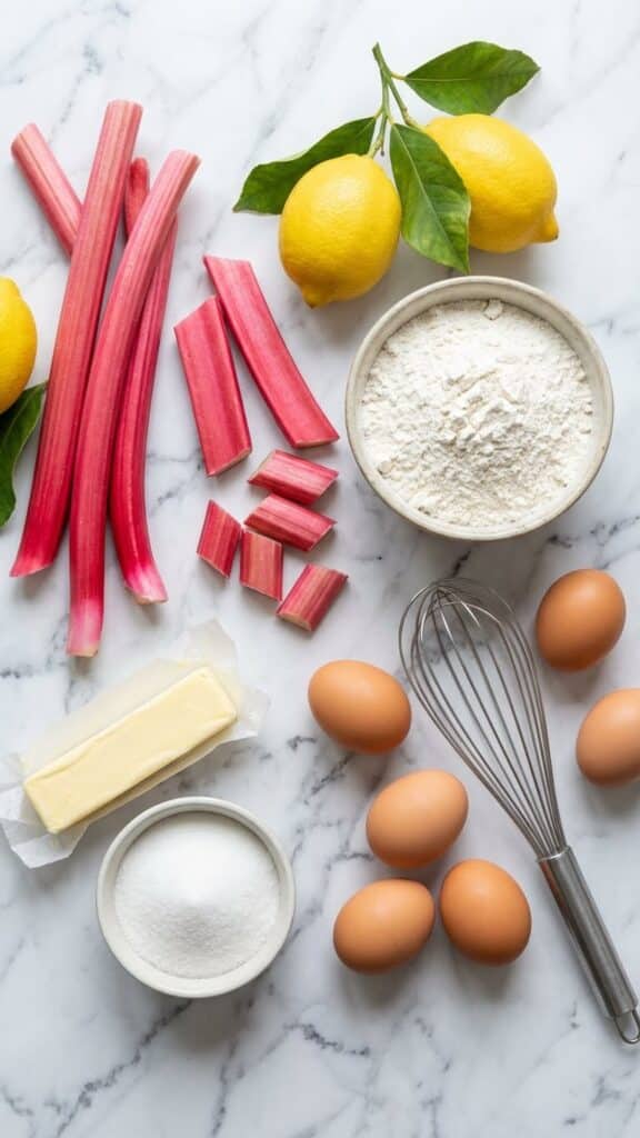 Flat lay of ingredients for lemon rhubarb loaf including fresh pink rhubarb and yellow lemons.