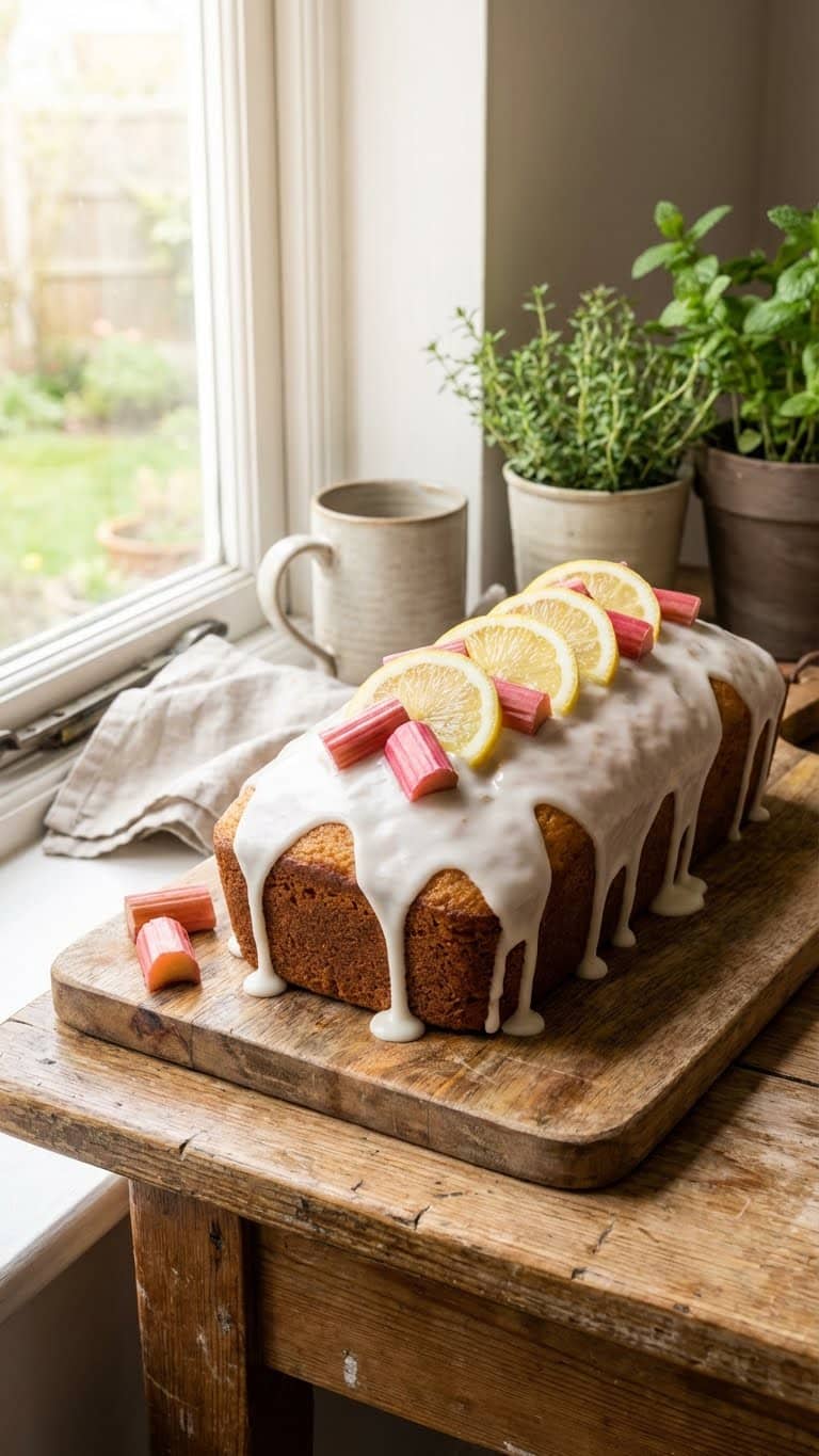 A glazed lemon rhubarb loaf cake on a wooden board with fresh lemons and rhubarb.
