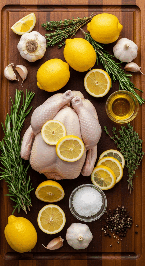 Overhead view of ingredients for lemon chicken: a whole raw chicken, fresh lemons, rosemary, thyme, garlic, olive oil, salt, and pepper on a wooden board.