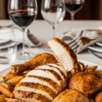 A serving platter with carved roasted lemon chicken and roasted vegetables on a dinner table, with a fork lifting a serving.