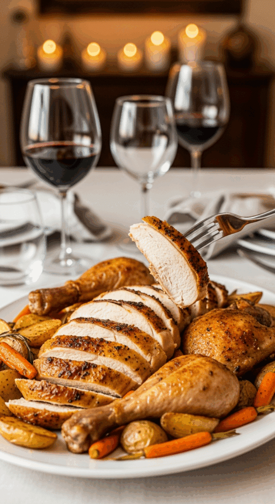 A serving platter with carved roasted lemon chicken and roasted vegetables on a dinner table, with a fork lifting a serving.