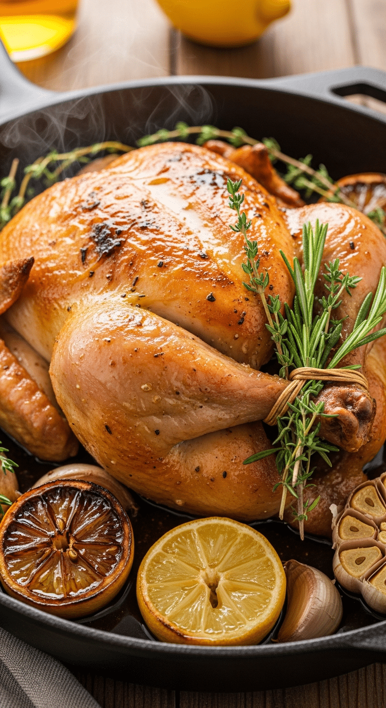 A close-up photograph of a whole, golden-brown roasted chicken in a cast-iron skillet, surrounded by charred lemon slices, roasted garlic, and fresh herbs.