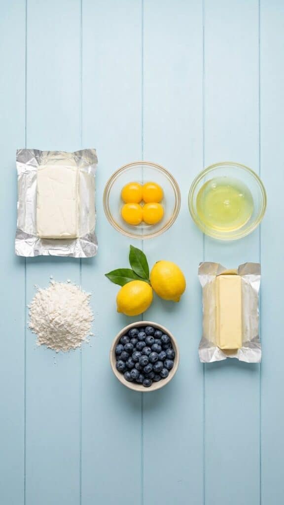 Flat lay of ingredients for soufflé cheesecake including eggs, cream cheese, and lemons.
