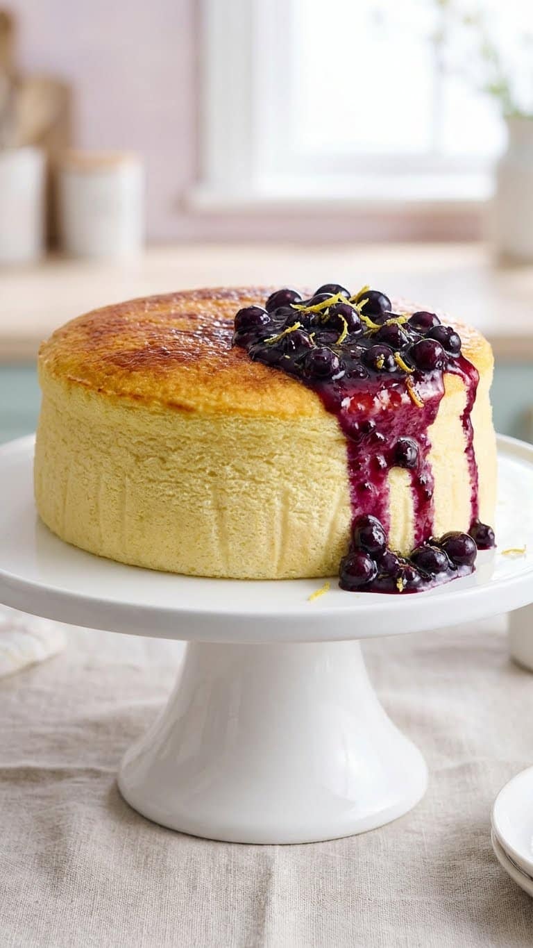 A tall, fluffy lemon soufflé cheesecake topped with blueberry sauce on a cake stand.
