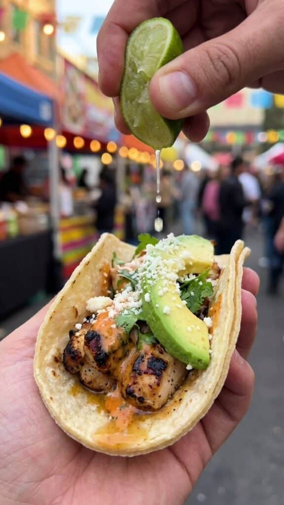 Close-up of a hand holding a chicken taco with lime juice dripping onto it.