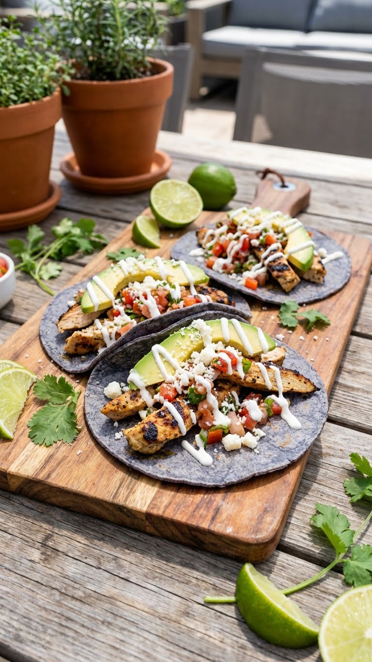 A platter of three soft tacos filled with grilled lime chicken, avocado, cheese, and crema on a wooden board.