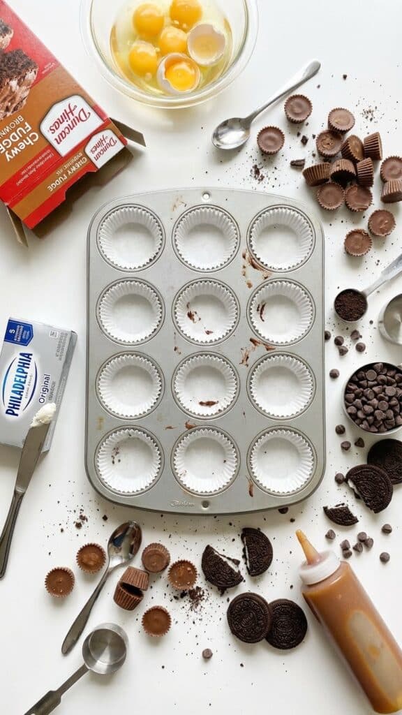 Ingredients for brownie cups including brownie mix, cream cheese, and various candy bars.