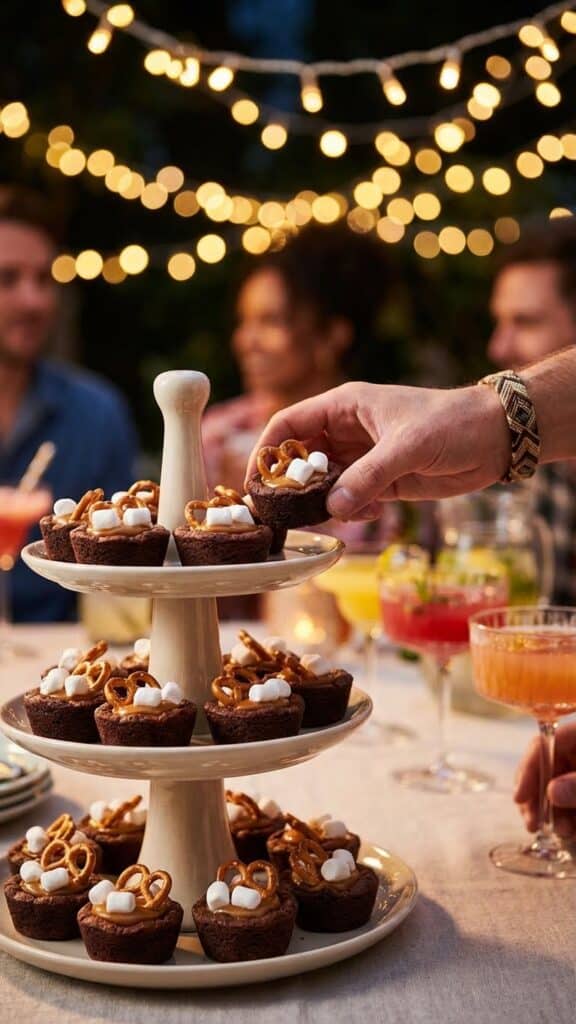 A tiered stand filled with chocolate brownie cheesecake cups at a party.