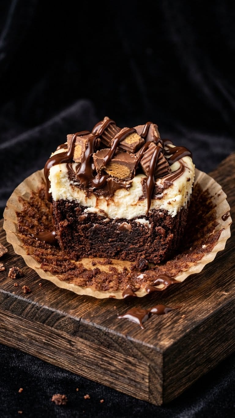 A brownie cheesecake muffin cup topped with ganache and chopped candy bars.