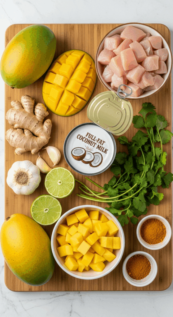Overhead view of ingredients for mango chicken soup: fresh mangoes, raw chicken, coconut milk, ginger, garlic, limes, cilantro, and spices arranged on a wooden board.