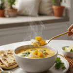 A bowl of mango coconut chicken soup served with naan bread, with a spoon lifting a creamy bite containing chicken and fruit.