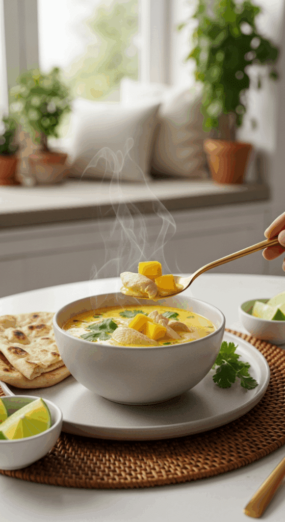 A bowl of mango coconut chicken soup served with naan bread, with a spoon lifting a creamy bite containing chicken and fruit.