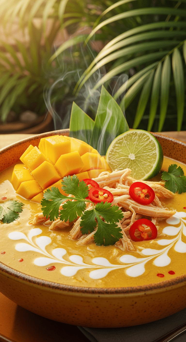 A close-up photograph of a creamy, golden-yellow mango and coconut chicken soup in a rustic bowl, garnished with coconut cream swirl, fresh mango chunks, cilantro, and lime.