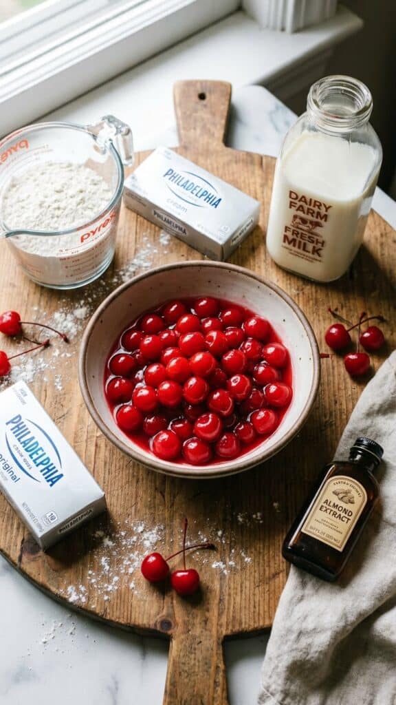 Ingredients for scratch-made cherry cake including flour, milk, and cherries.