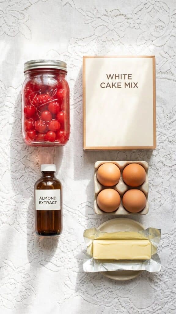 Flat lay of ingredients for cherry cake including a jar of maraschino cherries.