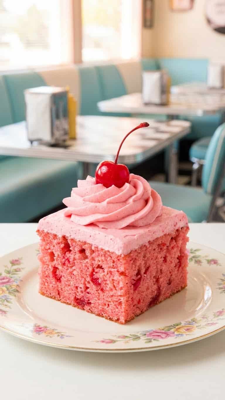 A slice of pink maraschino cherry cake with cherry frosting and a cherry on top.