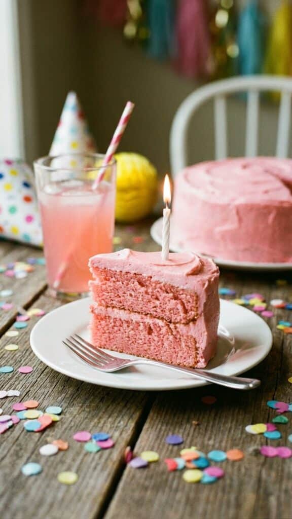 A slice of pink cherry cake served at a birthday party with confetti.