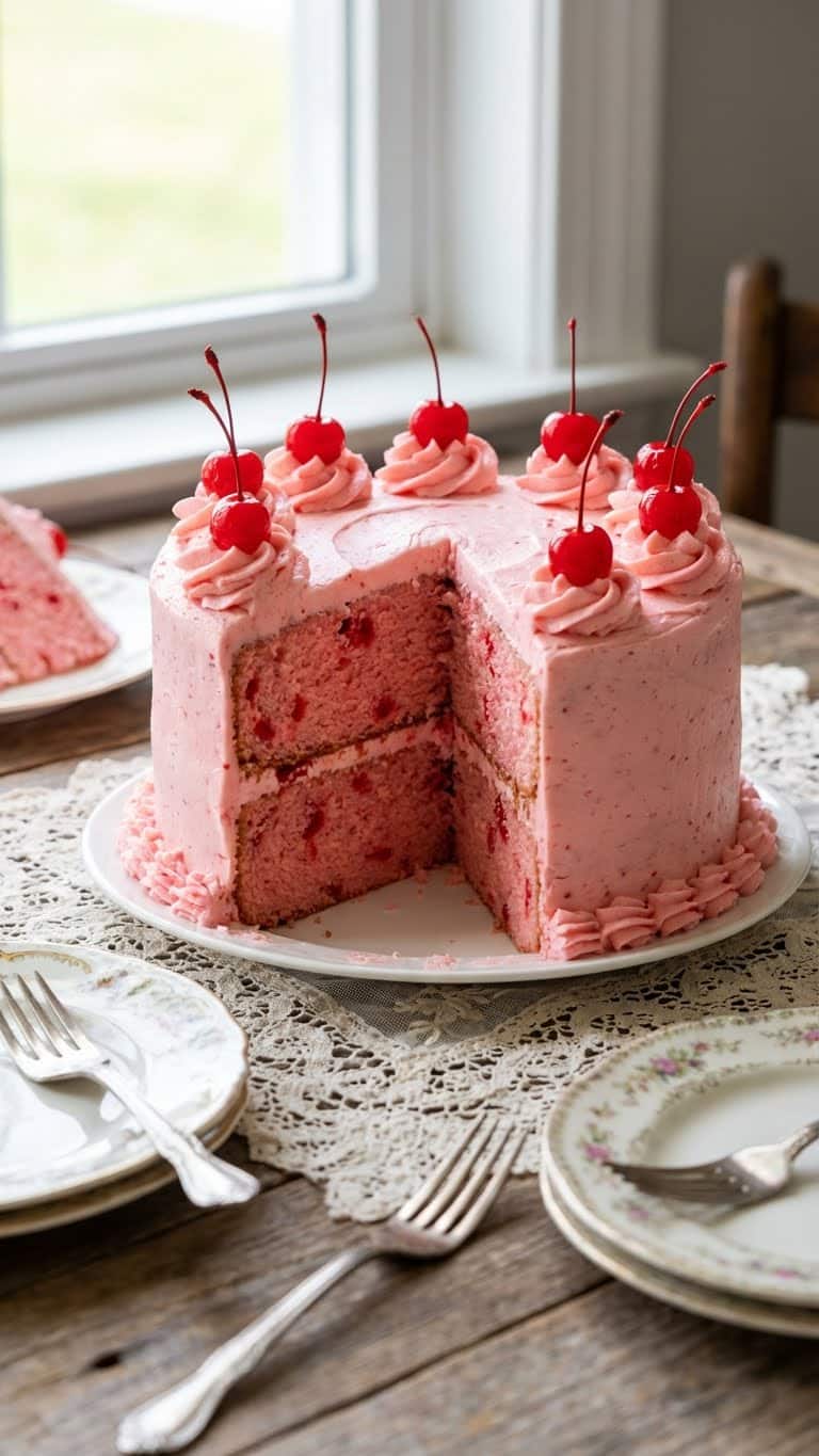 A two-layer homemade pink cherry cake with cream cheese frosting and piped rosettes.A two-layer homemade pink cherry cake with cream cheese frosting and piped rosettes.