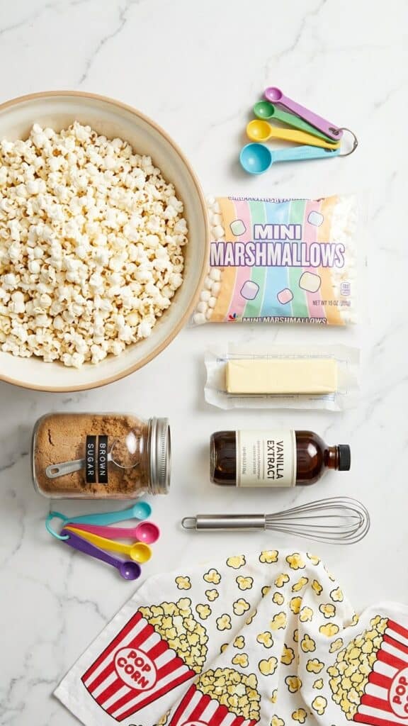 Flat lay of ingredients for caramel corn including popcorn and marshmallows.
