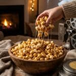 Close-up of a glossy cluster of marshmallow caramel coated popcorn.