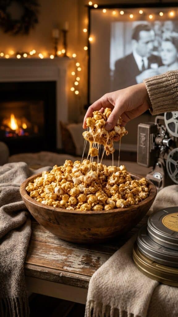 Close-up of a glossy cluster of marshmallow caramel coated popcorn.