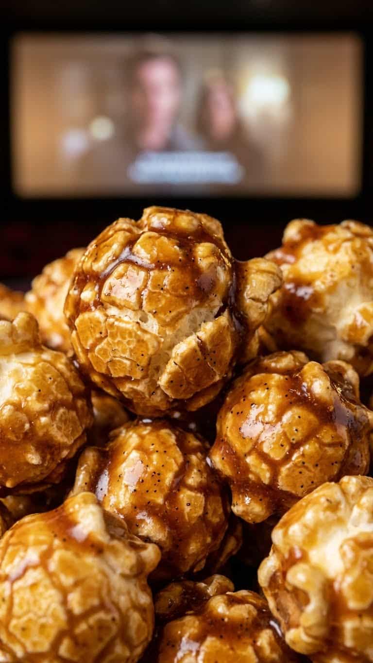 A bowl of golden caramel corn with sticky marshmallow strings stretching out.